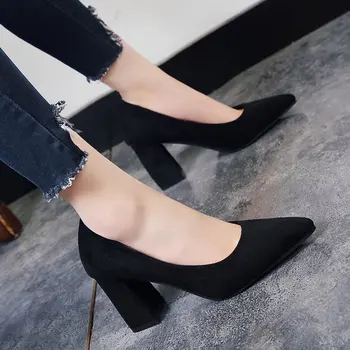 

SLHJC 2020 Spring High Square Heels Shoes Women Classic Office Work Heels Slip On Pointy Toe Flock Pumps 8 CM