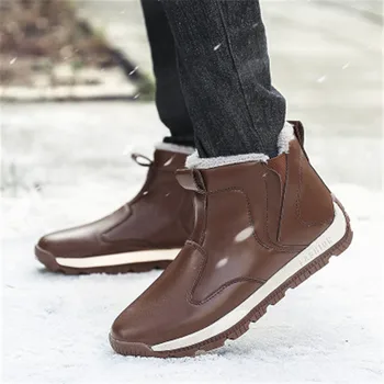 

Fashion Men's Genuine Leather Ankle Boots Winter Thick Plush Keep Warm Snow Boots High Quality Waterproof Booties Botas Hombre