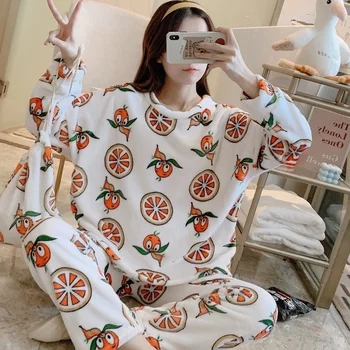 

XIZOU Women pajamas set Women Pyjamas Thick Flannel Cute Female Warm Winter Pajama Set Long Sleeve Full Trousers Two Piece