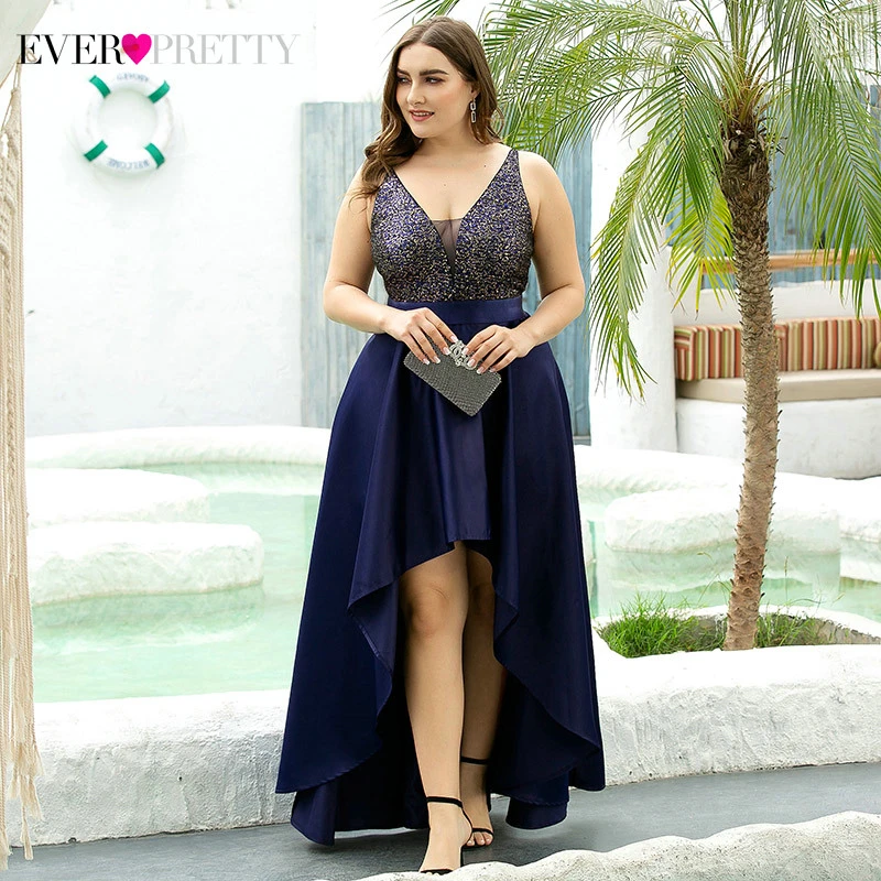 Plus Size Satin Prom Dresses Ever Pretty Sequined Spaghetti Strap V-Neck Asymmetrical Backless Sexy Party Gowns Vestido De Festa