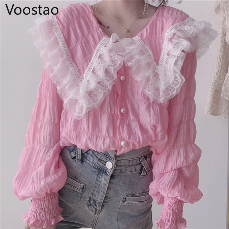 Blusa de gasa con manga abombada para Mujer, camisa elegante de malla encaje, estilo Lolita, cuello Peter Pan|Blusas camisas| - AliExpress