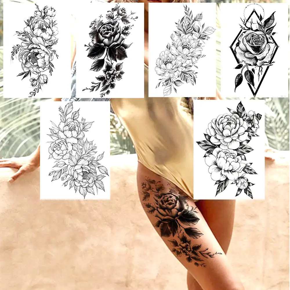 photo Tatuajes En La Pierna De Mujer Rosas tatuajes temporales de flores negras para arte corporal para mujer tatuajes de piernas realistas falsos impermeables geometricos rosas para