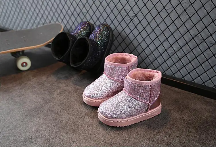 Детские зимние сапоги для девочек; сапоги с кроличьим мехом; детская обувь хлопок; ботинки из натуральной кожи с блестками