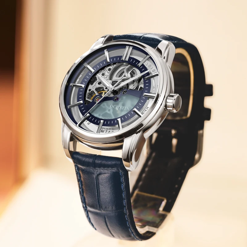 2021 Automatic Mechanical Watch OCHSTIN For Man Blue Leather Watches Men Fashion Business Luxury Wristwatch Luminous Male Clock