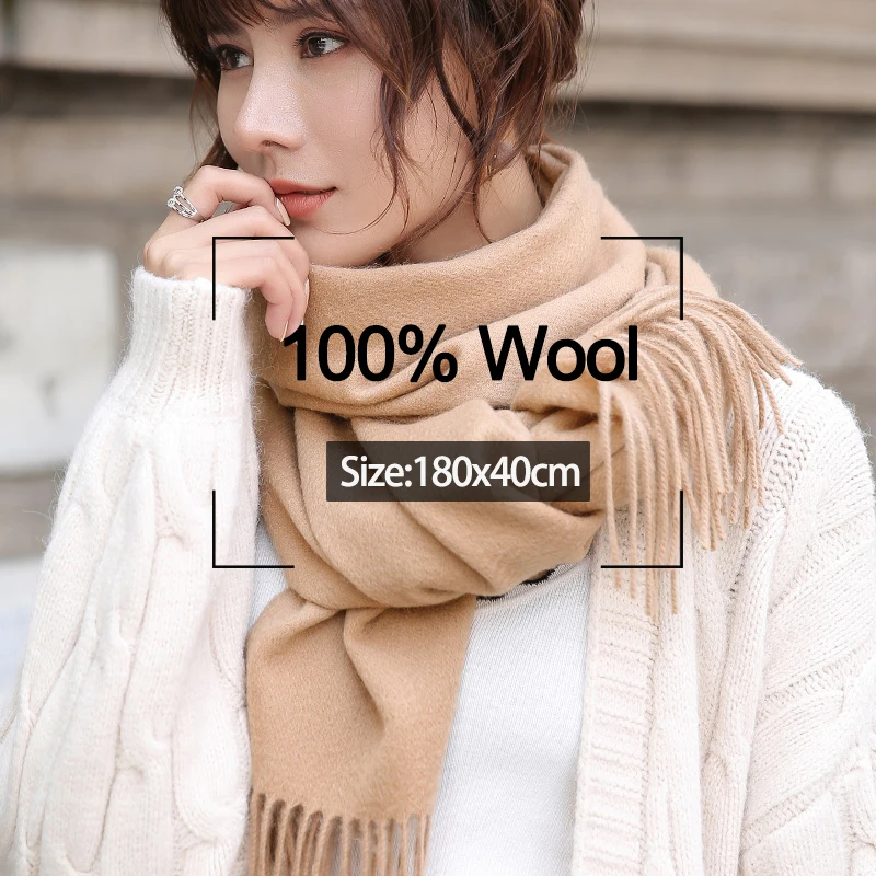 Women 100% Wool Winter Scarf 2021 Luxury Brand Shawls and Wraps for Ladies Warm Pashmina Soft Pure Wool Cashmere Muffler Scarves