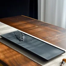 Rectangular Stone Leaf Tea-Tray Sculpted Reliefs Natural Black Rock Plate Kung Fu Tea Set Home Decoration Table Office Decor