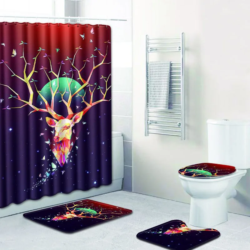 

3D Animal Elk Print Shower Curtains Bathroom Polyester Fabric Washable Modern Toilet Seat Cover Anti-slip Bath Mat Home