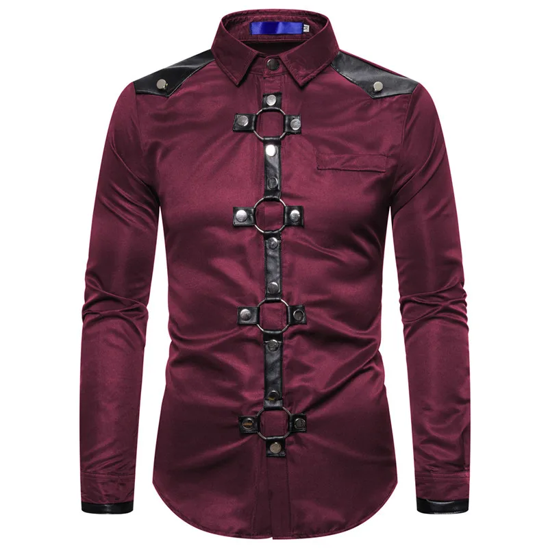 Men Goth Style Rivet Solid Color Cargo Shirt Slim Fit Party Stage Men Clothing men casual shirt