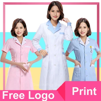 

Free Logo New Arrival Hospital Doctor Lady Short Sleeve Medical Clothes Beauty Salon V-neck White Lab Coat Nurse Uniform Clinic