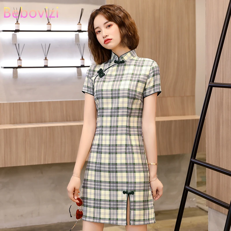 

S-3xl 2021 Fashion Blue Green Plaid Modern Trend Cheongsam Dress for Women Short Sleeve Summer Qipao Traditional Chinese Clothes