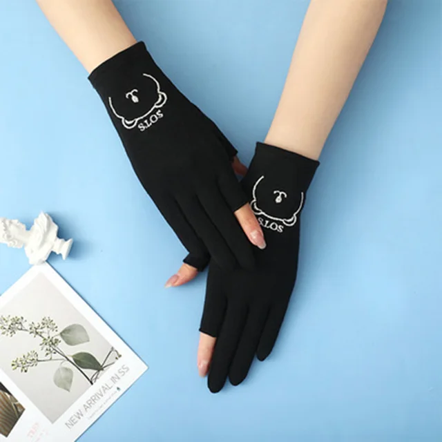 Korean Female Cotton Bear Embroidery Touch Screen Driving Gloves Summer Sunscreen Leaking Two Finger Sports Cycling Mittens M39 5