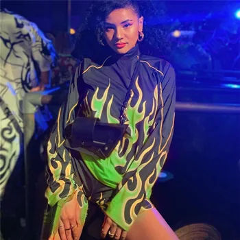 

Nightclub Bar Ds Performance Clothing Female DJ Jazz Dance Clothes Flame Printing Loose Sweater Shorts Hip-Hop Clothing DWY3666