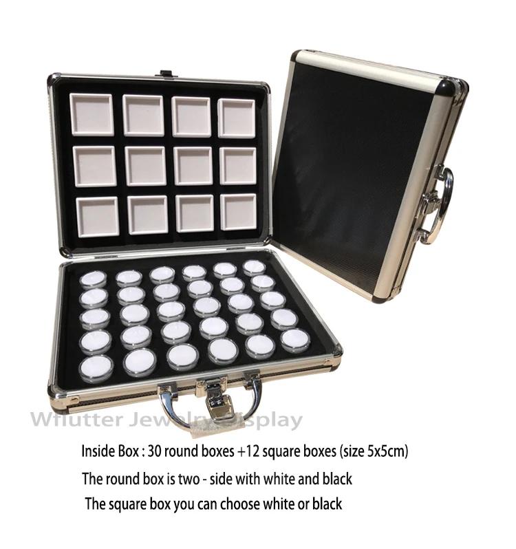 round and 5x5 inside Портативный алюминиевый дорожный ящик для драгоценных камней, чехол для хранения ювелирных изделий, каменный держатель с пластиковой круглой и квадратной алмазной коробкой - Цвет: round and 5x5 inside