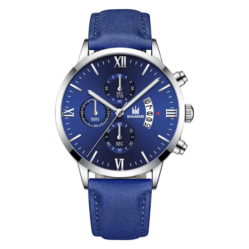 

Classic Roman Numerals Man WristWatch Blue Leather Band Stainless Steel Analog Quartz Watch Male Men Casual Date Watches