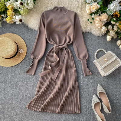 Darker Khaki Осень Зима Новое модное женское вязаное платье винтажное с длинным рукавом красное/зеленое/розовое вязаное плиссированное платье с поясом для женщин - Цвет: Darker Khaki