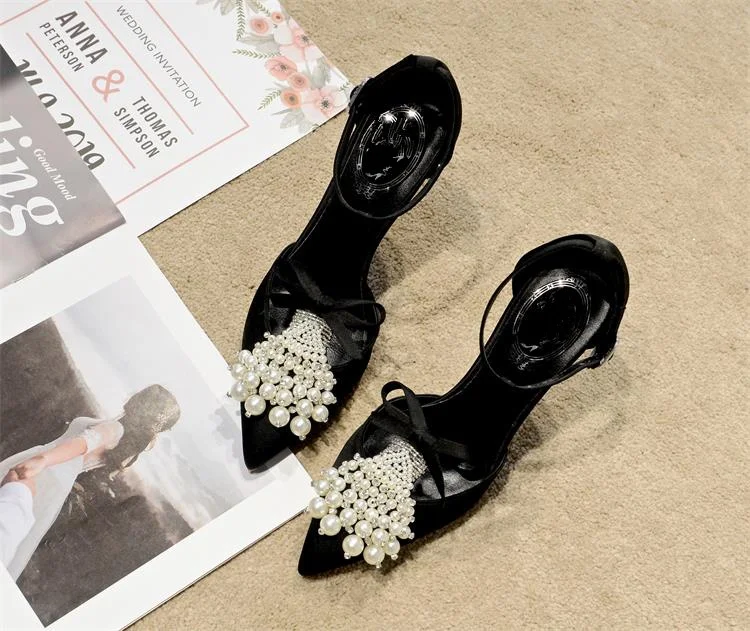 

2019 Sweet Style Women Shoes High Thin Heel Woman Stiletto Pearl Decor Butterfly Knot Embellished Sandalia Feminina Women Pumps
