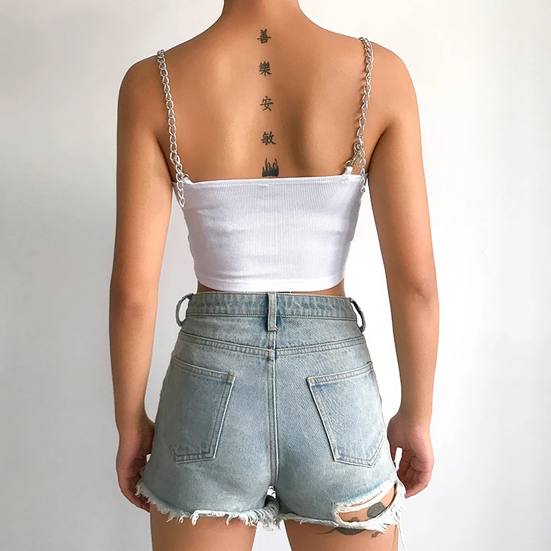 Rockmore Корея Харадзюку женщин Спагетти ремень узкая цепь Strappy уличная Bodycon с открытой спиной печатных женский короткий топ жилет Клуб