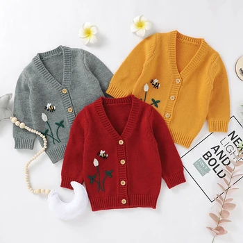 

Toddler Baby Girls Boys Cardigan Lovely Floral Bee Pattern Long Sleeve Button Sweaters Coat Infant Kids Jacket Autumn Outfits