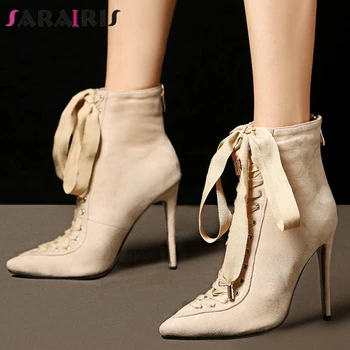 

SARAIRIS 2020 Big Size 43 Shoelaces Sexy Fashion Woman Shoes Boots Thin High Heels Party Runway Show Women Ankle Boots Female