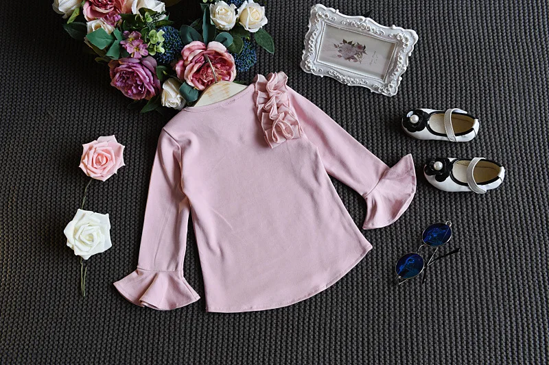 Autumn New For The Girl's Clothes Suit Long-sleeved Shirt Skirt 2 Piece Suit Pearl Flower Child's Clothes Flare Sleeve Suit