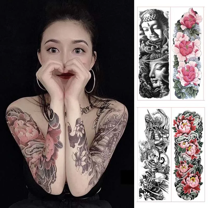 

Large Wolf Head Tattoo Sticker Flower Full Arm Stickers Temporary Fake Tattoo Waterproof Domineering Body Art for Men Women