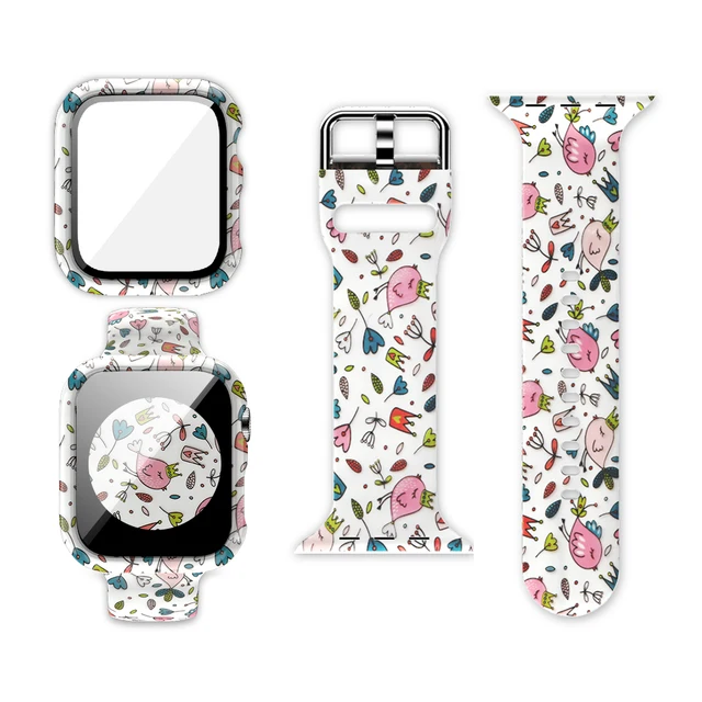Case+Bands for Apple Watch Band 44 40 42 38mm with Screen Protector Cover, Glass+Silicon Wristband Strap for iWatch SE 654321 White Florets