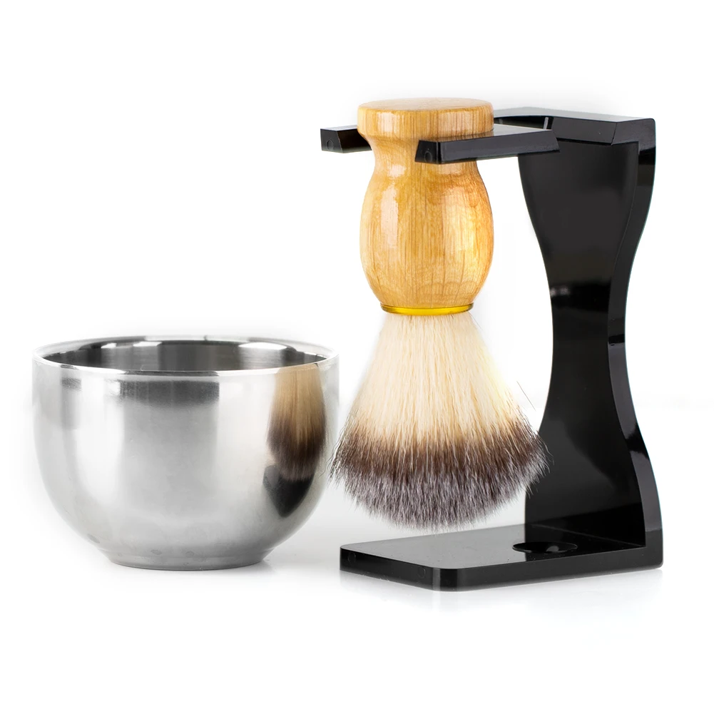 

3in1 Synthetic Badger Hair Shaving Brush 26mm Wood Handle Acrylic Stand Stainless Steel Bowl for Men Wet Shave Brushes Set Gift