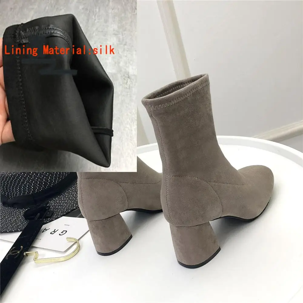 Gray with silk Ботинки; сезон весна-осень; тонкие ботинки; толстые носки; эластичные сапоги с квадратным носком; Ботинки martin на высоком каблуке - Цвет: Gray with silk