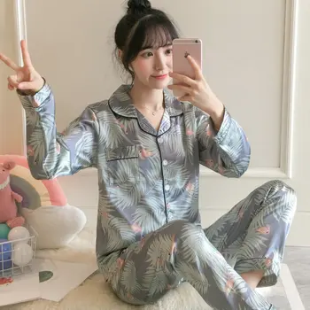 

2020 Long-Sleeved Pajamas Women's Thin Spring and Autumn Korean Cardigan Lapel Simulation Silk Pajamas Women