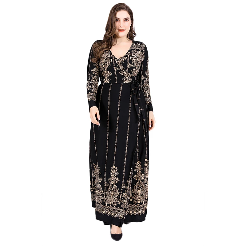 

WHZHM Elegant Printed Party Women Dress Full Sleeve Plus Size 3XL Women A-Line Party Vadim 4XL 5XL 6XL Flower Printed Maxi Jurk