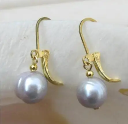

free shipping noble jewelry HUGE AAA ++9-10mm GRAY Baroque Pearl Earrings 14K/20 YELLOW GOLD