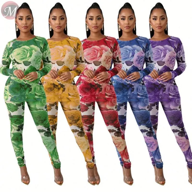 

New style mesh fabric flower print skinny Pants Suit Set Women Clothing Fashion Two Piece womens summer 2 piece set