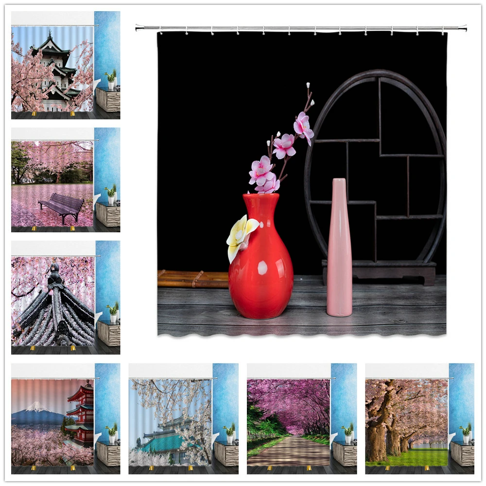 

Landscape Shower Curtains Pink Cherry Blossom Tree Chinese Style Building Bathroom Home Decor Waterproof Polyester Cloth Curtain