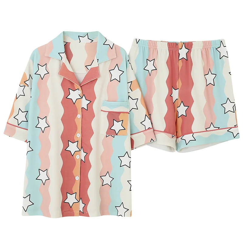 Verão algodão feminino pijamas conjunto 2 pçs