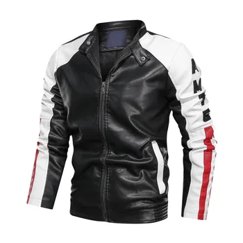 

Contrast Stitching Jacket Men Spring Motorcycle Casual Vintage Jacket Coat Fashion Biker Zipper Pocket Design Sportswear Suits