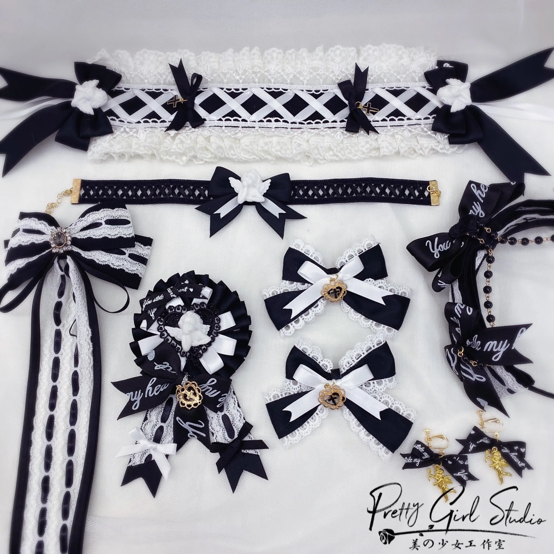 

Original Dark Black White Gothic Cross KC Headband Lolita Headdress Babydoll Side Clip Lo
