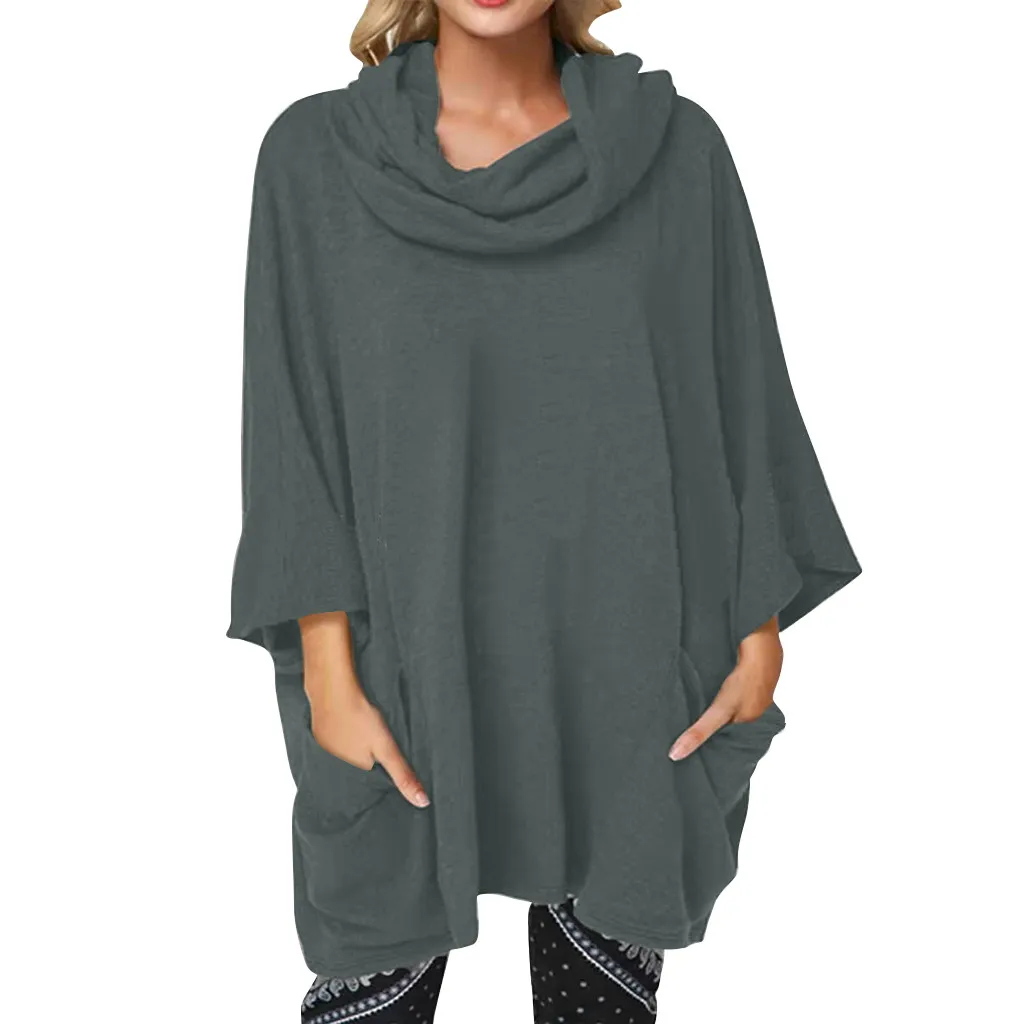 Модная блузка женская s шарф воротник размера плюс чистый цвет длинный рукав карман Топ пуловер Блузка сорочка longue femme - Цвет: Серый