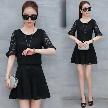 

Summer Korean Fashion Two Piece Set Casual Brief Loose Women 2 Piece Skirt Sets A-line Flarre Sleeve Lace Suit
