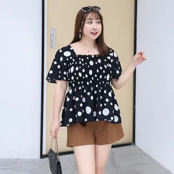 

Women's summer chiffon wave point ruffled square collar casual shirt 100KG can be worn