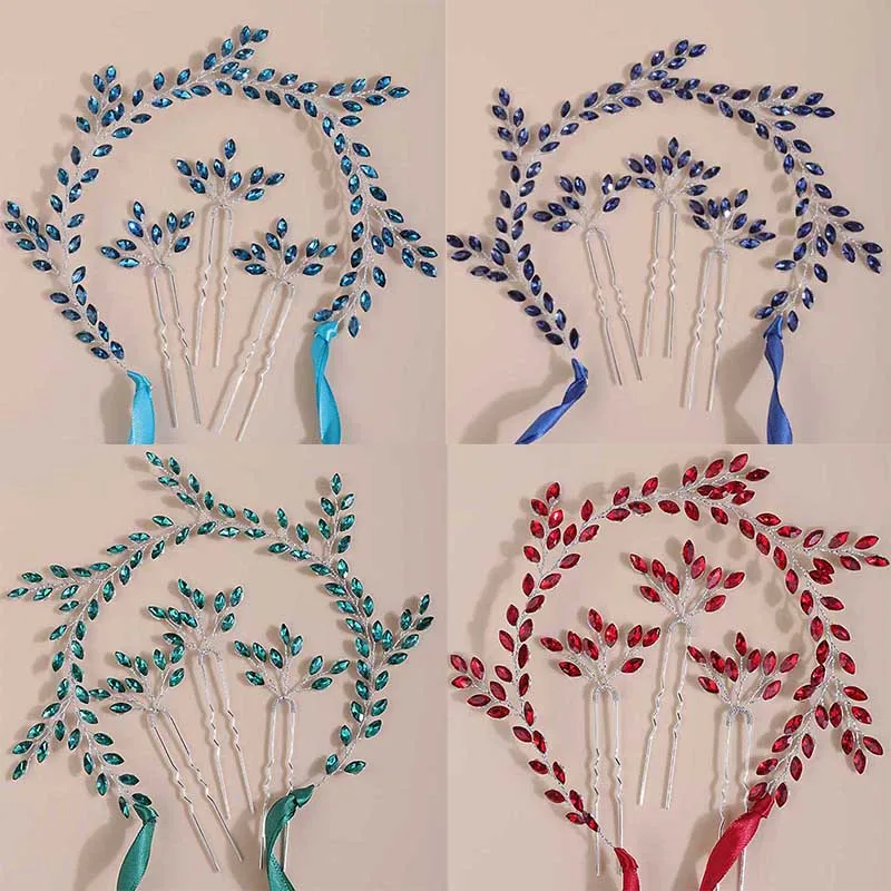 Bridal Blue Red Headband with Hair Pins Crystal Wedding Headpieces for Bride Rhinestones Vine Wedding Accessories for Flowe