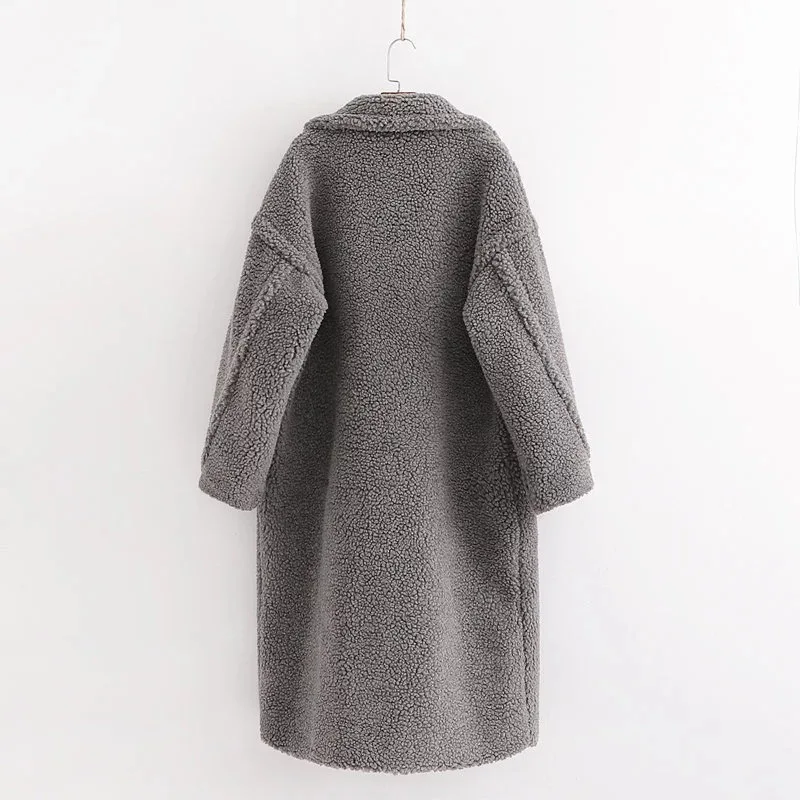 ANSFX, Корейская женская меховая шуба из мохнатого искусственного ягненка, теплая длинная куртка, двубортная верхняя одежда с нагрудным карманом, топ 12 ярких цветов