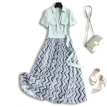 

Women summer dress 2020 new designer short sleeve sashes V-neck geometric print a-line patchwork mesh dresses green