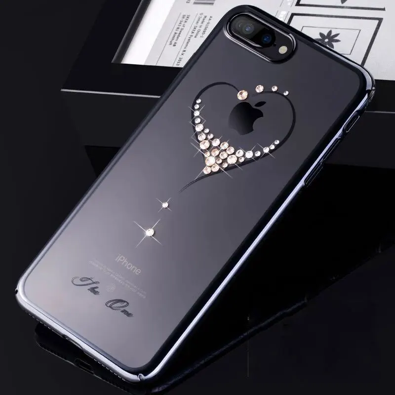 Heart-black Чехол KINGXBAR с украшением в виде лотоса, бриллиантами и кристаллами для iPhone 7, 8 Plus, роскошная брендовая задняя крышка для телефона для женщин, жесткий, прозрачный, противоударный - Цвет: Heart-black