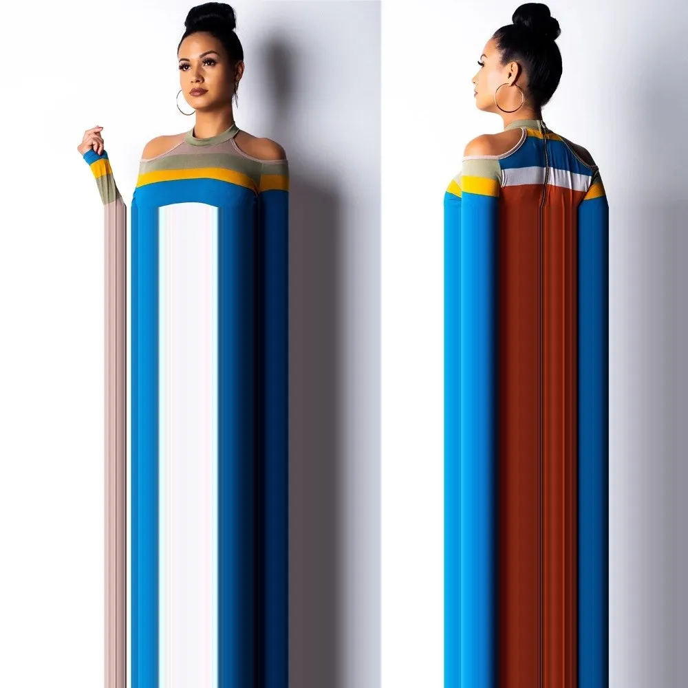 

Nice Spring Long Sleeve Rainbow Pullover Two Piece Suits Sexy Crop Top And Bodycon Skirt 2 Piece Sets