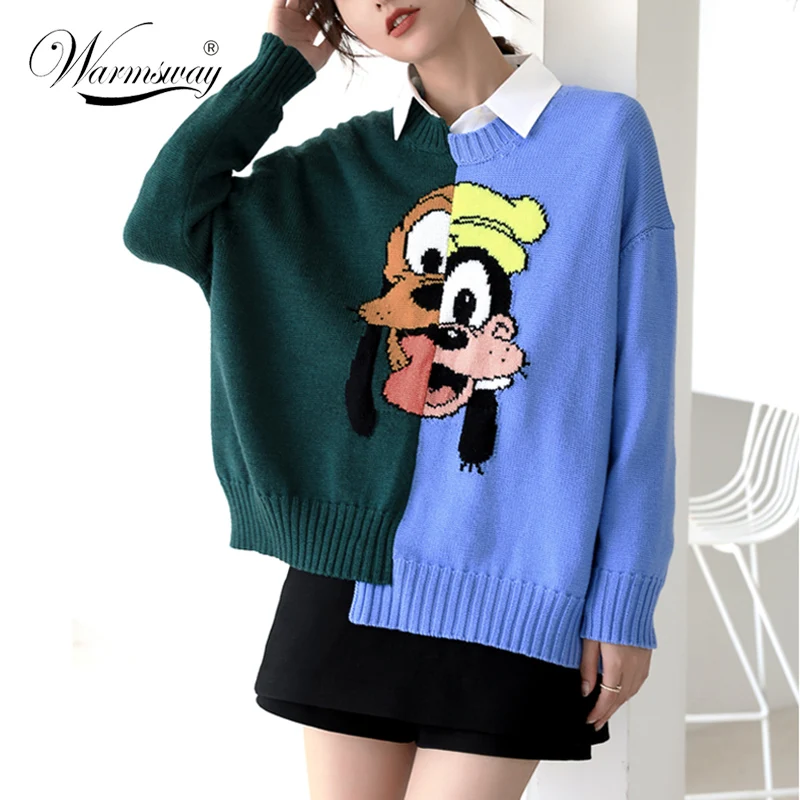 High Quality Sweater Winter Autumn Cartoon Dog Patchwork Pullover Women Asymmetric Long Sleeve Loose Knitted Top C-500