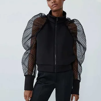 

Winter Zipper Jacket Women's Long Sleeve Turtleneck Autumn Sweat Jumper Coats Outwear Mesh Sleeve Creative Clothes Outers Female