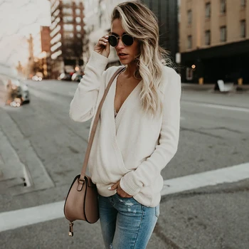 

Fashion Criss Cross V Neck Knitted Patchwork Sweater Women Tops Sweater Pullovers Autumn Winter Clothes Jumper Sweaters