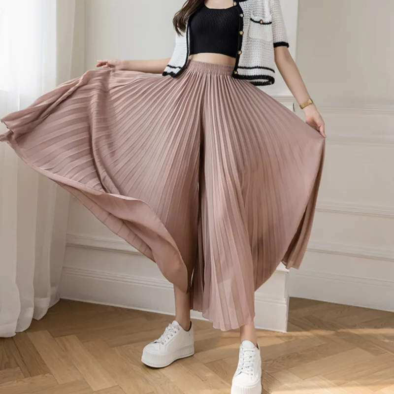 Women Elegant Chiffon High Waist Wide Leg Pants Casual Korean Fashion Pleated Loose Trousers Clothes Comodi Pantalones De Mujer 5
