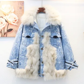 

Fox Fur Collar + Cotton Liner Denim Jacket Coat Women Korean Winter Thick Warm Jeans Jacket Female Loose Outwear Chaquetas Mujer