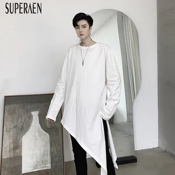 

SuperAen Spring and Autumn 2020 New T Shirts Women Solid Color Cotton Wild Ladies T Shirts Irregular Long-sleeved Tops Female